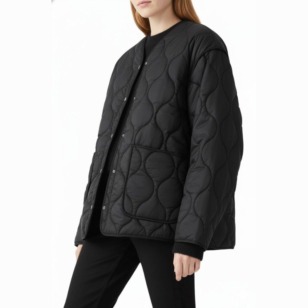 & Other Stories Black Oversized Wave Quilted Jacket Size 8
